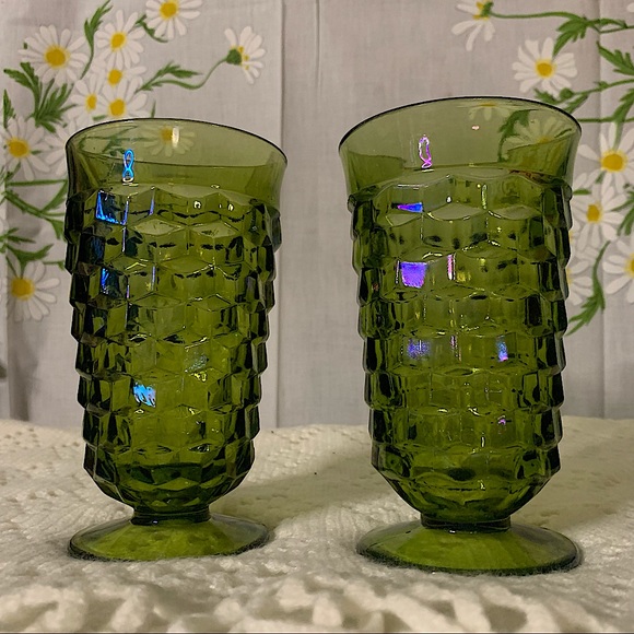 2 vintage avocado green iridescent Whitehall cups